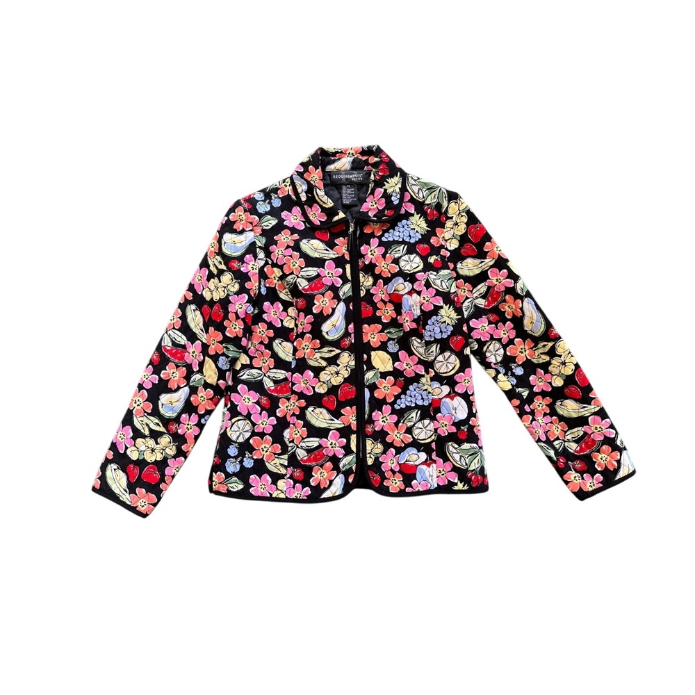 Requirements Petite Quilted Fruit Floral Print Zip Up Jacket Black Multi PS‎